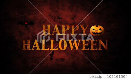 ハッピーハロウィン、色のついた背景にカボチャとコウモリとロゴ 103161304