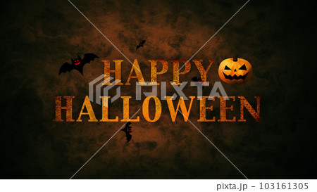 ハッピーハロウィン、色のついた背景にカボチャとコウモリとロゴ ハッピーハロウィン、色のついた背景にカボチャとコウモリとロゴ 103161305