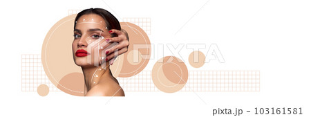 Young woman with well-kept face with white arrows, lines on it. Plastic surgery and beauty injections. Creative conceptual design. 103161581