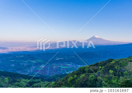 （静岡県）丹那盆地と朝日を浴びる富士山 103161697