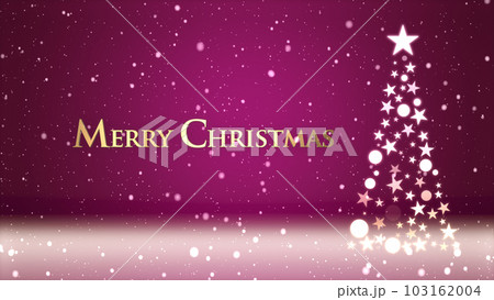 クリスマスツリーと色のついた背景に雪が舞い、クリスマスの文字 103162004