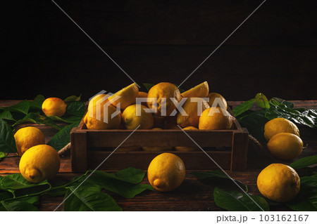 Crate of freshly picked lemons Crate of freshly picked lemons 103162167