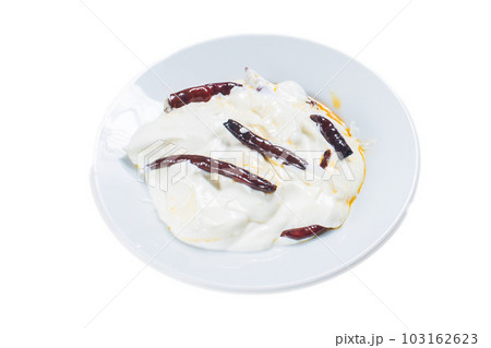 Traditional Turkish and Greek Meze with chili peppers. Turkish Appetizer Atom with yogurt. Turkish atom meze. High quality photo 103162623