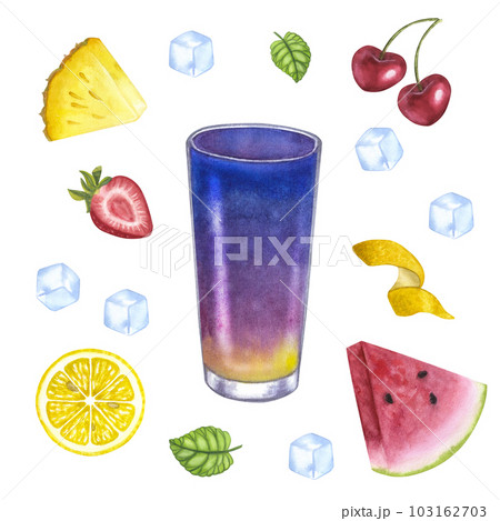 Cocktail glass purple blue fresh juice or alcoholic. Cherry, ice, pineapple, mint. Hand drawn watercolor illustration isolated on white background. For bar restaurant menu 103162703