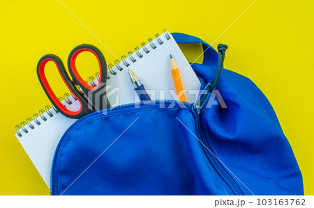 School backpack, pencil, pen, scissors and notepad on a yellow background. 103163762