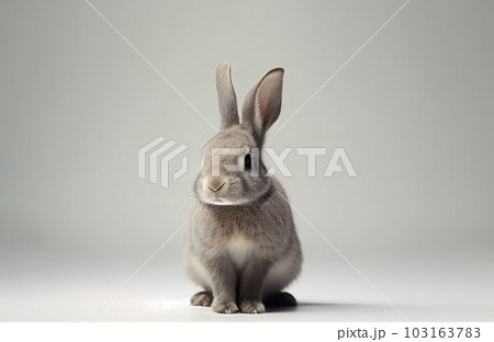 Front view of cute baby rabbits on white background , Little cute rabbits sitting with Lovely action on white, Generative Ai 103163783