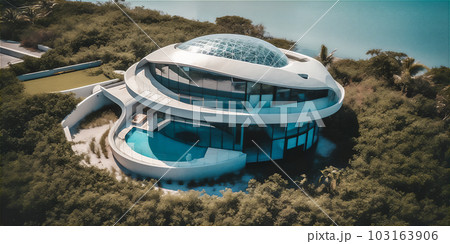 AI generative image of futuristic modern house among the lush woods close to sea 103163906