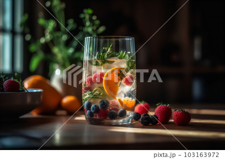 AI generative image of refreshing glass of clear water with berries on the table 103163972