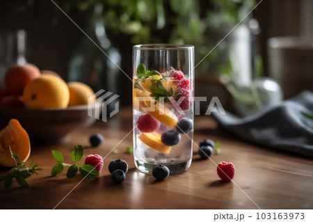 AI generative image of refreshing glass of clear water with berries on the table 103163973