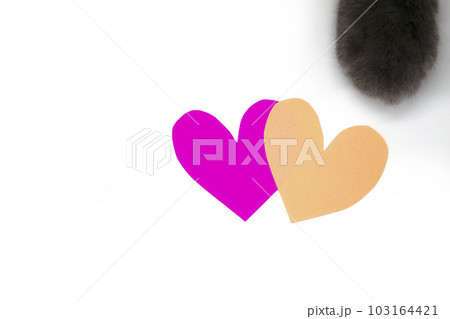 Background with two hearts and a cat's paw. 103164421