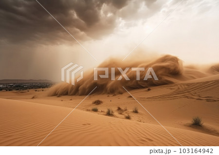 Breathtaking sight of a vast sand dune, sculpted by the wind and sun, as far as the eye can see. Its barren and harsh surroundings, yet teeming with life and wonder. AI Generative. 103164942