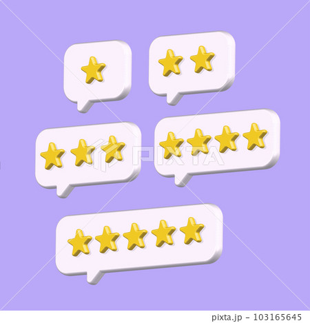 Vector 3d render volume illustration of 1- to 5-star feedback, evaluation of a product or service on a purple background with white rectangle plastic clouds. eps10 Vector 3d render volume illustration of 1- to 5-star feedback, evaluation of a product or service on a purple background with white rectangle plastic clouds. eps10 103165645