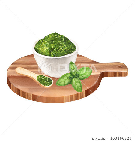 Watercolor of Italian genovese herbal pesto sauce made of blended parmesan cheese, basil leaves, garlic, black pepper and olive oil in bowl on wooden board. Illustration isolated on white background. Watercolor of Italian genovese herbal pesto sauce made of blended parmesan cheese, basil leaves, garlic, black pepper and olive oil in bowl on wooden board. Illustration isolated on white background. 103166529