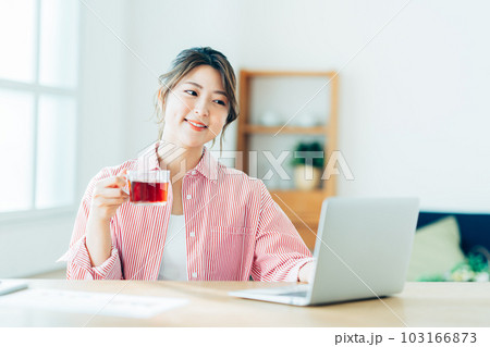 リビングでノートパソコンを操作する若い女性。 103166873