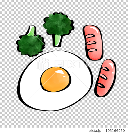 Brush pen style illustration of fried egg, broccoli and red sausage Brush pen style illustration of fried egg, broccoli and red sausage 103166950