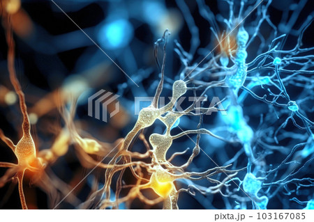 Neuron cells with glowing connections on abstract background. Generative AI 103167085