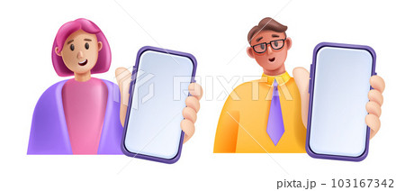 3D man woman hold smartphone set, smiling vector cartoon character with phone, digital SMM manager 103167342