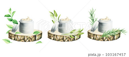 Watercolor set of face cream in a jars on a wooden saw cut with rosemary, mint and sage isolated on white background. Beauty products and botany elements, cosmetology and medicine. For designers, spa Watercolor set of face cream in a jars on a wooden saw cut with rosemary, mint and sage isolated on white background. Beauty products and botany elements, cosmetology and medicine. For designers, spa 103167457