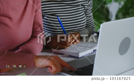 Confident pretty Indian employee talking to business colleague at shared workplace. Female mentor teaching intern, telling about work project. Manager and client discussing online product at laptop Confident pretty Indian employee talking to business colleague at shared workplace. Female mentor teaching intern, telling about work project. Manager and client discussing online product at laptop 103167825