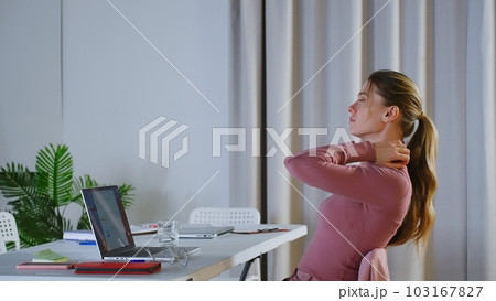 Tired after long usage of computer woman takes off glasses rub nose bridge reduces painful feelings rest sit at workplace. Overworked person, need vision correction, break from device concept 103167827