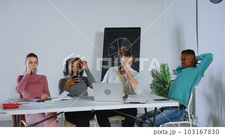 Stress, headache and burnout with businessman in meeting for policy, strategy and compliance. Fatigue, mental health and risk with business people in corporate company for review, problem and tired Stress, headache and burnout with businessman in meeting for policy, strategy and compliance. Fatigue, mental health and risk with business people in corporate company for review, problem and tired 103167830