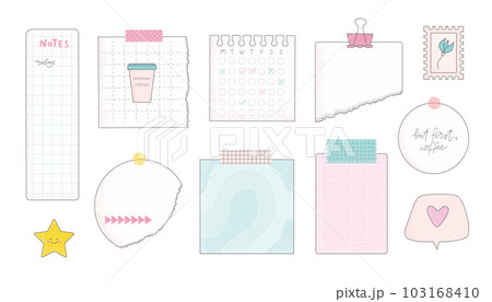 Set of paper notes, schedule, to-do list, planner, memories vector illustrations. Cute memo template for stickers. 103168410