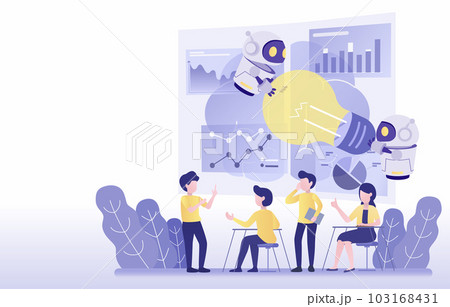 Teamwork concept. Humans and robots work together on a project. By combining unique strengths to create creativity. Efficient management and successful development. 103168431