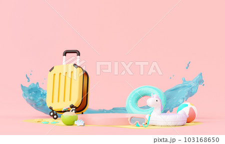 Summer pink vacation beach with Unicorn inflatable ring and suitcase luggage background concept, Minimal podium for Product mock-up or Cosmetics with summer pink theme, inflatable ring. 3d rendering 103168650