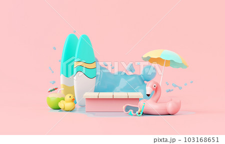 Summer pink vacation beach with Flamingo inflatable ring background concept, Minimal Realistic Display Podium for Product mock-up or Cosmetics with summer pink theme, inflatable ring. 3d rendering 103168651