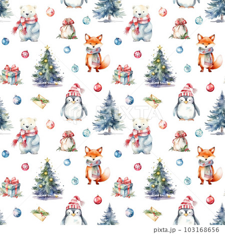 Watercolor Christmas pattern with polar bear, fox, penguin, christmas trees and gift boxes isolated on white background. Generative ai. 103168656