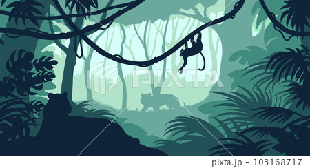 Green jungle landscape. Rainforest silhouette. Forest panorama with tigers and monkey. Tropical horizontal background 103168717