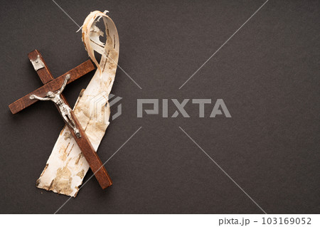 Christian Pentecost. Whit Sunday. A cross with a birch branch on a white, green, red and black background. Christian Pentecost. Whit Sunday. A cross with a birch branch on a white, green, red and black background. 103169052