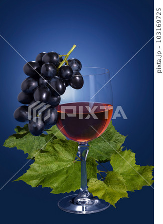 A glass of grape juice with grape leaves on a blue background A glass of grape juice with grape leaves on a blue background 103169725