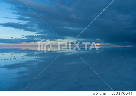 Uyuni Salt Flats and Reflection on Water at Sunset. Aerial View. Bolivia. 103170044