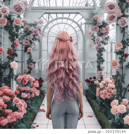 Beautiful girl with long pink hair on the background of gazebos twined with pink roses, color harmony, beautiful illustration, unusual background, creative wallpaper 103170134