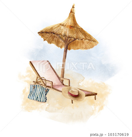 Watercolor beach composition of deckchair, umbrella, straw hat and bag. Hand drawn summer vacation objects isolated on white background. Tropical illustration for design, print, fabric or background. 103170619
