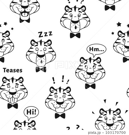 Black and white outline tiger seamless pattern. Cute cartoon animal character head for kids background wallpaper art. Coloring book page design. Wrapping paper fabric repeat tile vector illustration. Black and white outline tiger seamless pattern. Cute cartoon animal character head for kids background wallpaper art. Coloring book page design. Wrapping paper fabric repeat tile vector illustration. 103170700