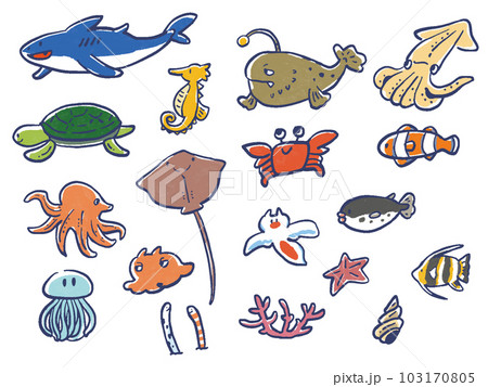 手書き水彩風の海の生き物イラストセットのイラスト素材 [103170805 