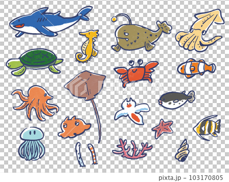 手書き水彩風の海の生き物イラストセットのイラスト素材 [103170805