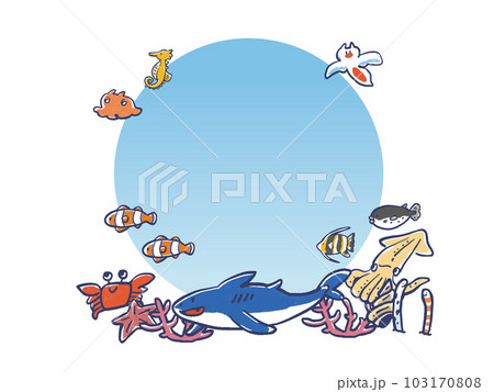 手書き水彩風の海の生き物の見出し・フレーム 103170808