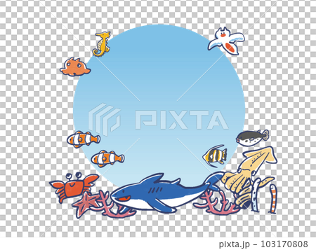 手書き水彩風の海の生き物の見出し・フレーム 103170808
