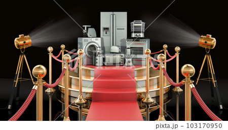 Podium with kitchen and home appliances, 3D rendering Podium with kitchen and home appliances, 3D rendering 103170950