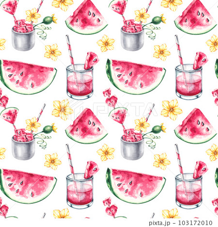 Watercolor pattern with watermelons and watermelon drinks Watercolor pattern with watermelons and watermelon drinks 103172010