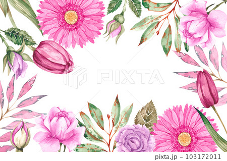 Watercolor frame of pink flowers and bouquets on a white background 103172011