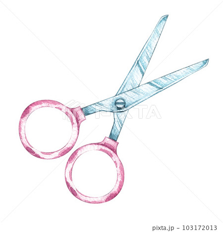 Watercolor scissors with a pink handle for a schoolboy on a white background 103172013