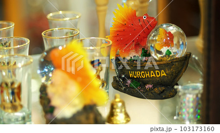 close-up, various souvenirs made of stone, wood, glass and metal, in the gift shop for tourists. 103173160