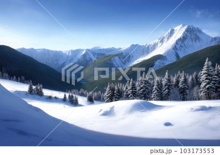 《AI画像》雪の積もる山　スキー場イメージ 103173553