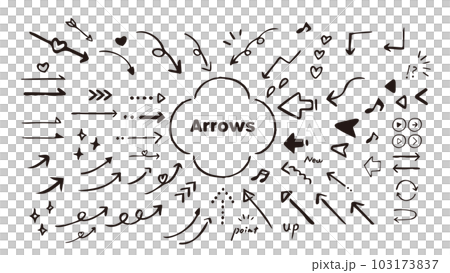 可愛的黑色手繪箭頭和零食。矢量插圖素材集 103173837
