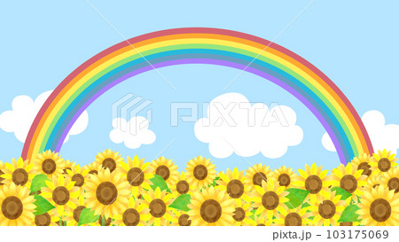 たくさんのひまわりと虹のかかる青空と白い雲の夏っぽいイラスト背景素材 103175069