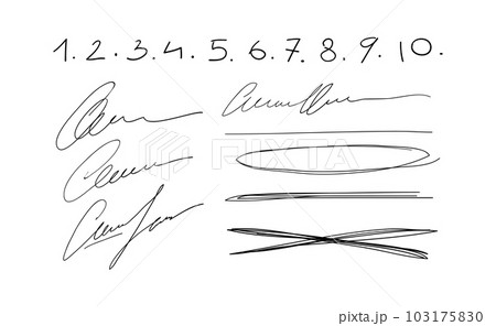 A set of handwritten scribbles and numbers, signature, strikethrough blots, mistakes. Hand drawn set of pen lines and design elements, vector illustration isolated on white background. A set of handwritten scribbles and numbers, signature, strikethrough blots, mistakes. Hand drawn set of pen lines and design elements, vector illustration isolated on white background. 103175830